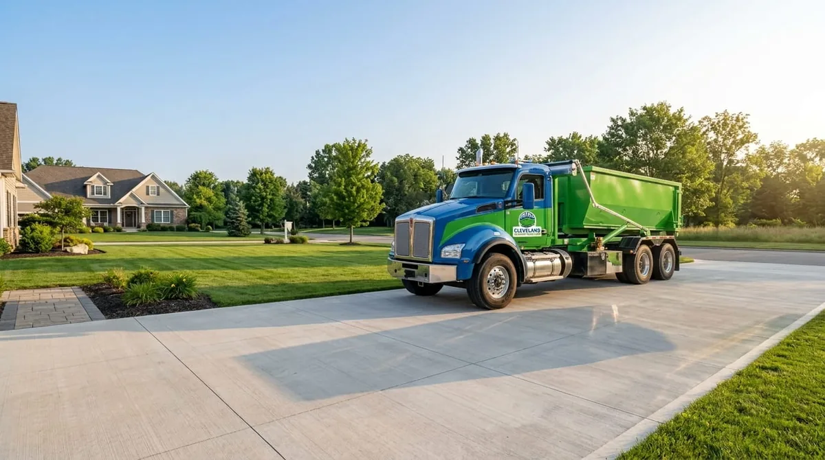 Roll-off dumpster with boards protecting an Cleveland driveway